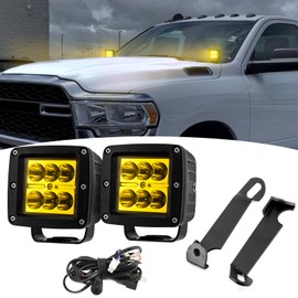 Wsays 2PCS LED Amber Light Pods & Ditch Hood Hinge LED Pod Mount Bracket w/Wiring Kit Compatible with Dodge Ram 2500/3500 2019-2024