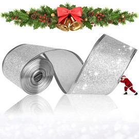 ZZLBZN 50mm Wide Wire Edge Glitter Ribbon,10M Roll Silver Ribbon Wired Christmas Tree Ribbon for Gift Wrapping and Sewing in Christmas Colours and Christmas Tree Ribbon Decorations Christmas Crafts