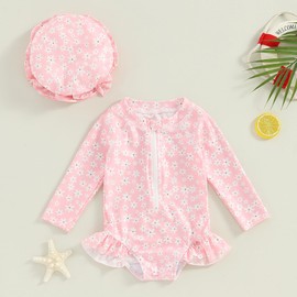 ZAXARRA Infant Baby Girl Swimsuit One Piece Cute Print Long Sleeve Swimwear Little Kid Toddler Bathing Suit (Pink Flower Print, 9-12 Months)