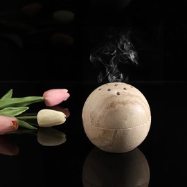 SUMNACON Natural Marble Round Incense Burner, Minimalist Travertine Stone Incense Holder with Lid Decorative Cone Coil Incense Burner Stand for Home Office Spa (Beige)