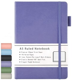 Beinushor A5 Notebook Ruled, Hard Cover Lined Journal with Premium 100GSM Thick Paper, Inner Pocket, Elastic Banded, Faux Leather Cover, 192 Pages, 14.5X21.3 cm (Purple)
