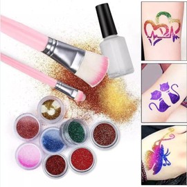 Kit de Purpurina de Tatuaje Temporal, 24 Colores Juego de Tatuajes Temporales, Cara Cuerpo Brillo Polvo Tatuaje Plantilla Cepillo Conjunto para Fiesta