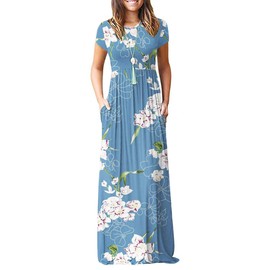MISFAY Women Short Sleeve Loose Plain Maxi Dresses Casual Long Dresses Pockets(Floral Light Blue,L)