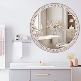 24 Inch Farmhouse Round Wood Mirror for Wall Decor, Rustic Decorative Circle Mirrors for Bathroom Over Sink, Living Room, Entryway, Bedroom