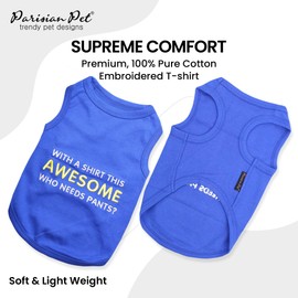 Parisian Pet Dog Tshirt - Embroidered “ Awesome “ Dog Shirt - Pure Cotton and Lightweight Dog Clothes - Blue Sleeveless Dog Tee Shirts - Cute Puppy Clothes - Dog Shirts for Large Dogs Boy - XL
