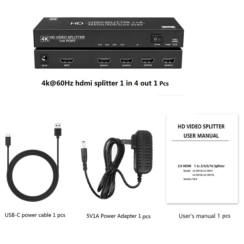 4K@60Hz HDMI Splitter 1 in 4 Out,Dual Power Supply DC5V1A+USB-C