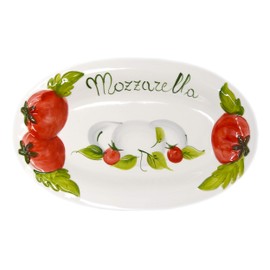 Lashuma Handmade oval serving plate in tomato mozzarella design made of Italian ceramic, serving plate 31 x 20 cm, 3 cm deep