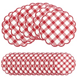 60Pcs Red Checkered Paper Placemats 13.5 Inch Scalloped Round Disposable Gingham Place Mats, Waterproof Decorative Table Mats for Baby Shower Outdoor Picnic BBQ Birthday Tea Party
