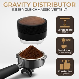 WERKSTOLZ Espresso Distributor 58mm | Höhenverstellbar | Leveler Tool für perfektes Kaffeepulver im Siebträger | Edelstahl | Holz & Schwarz