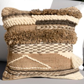 Decorative Boho Pillow Cover, 18” x 18” Square, Moroccan Rustic Throw with 3D Tufted Accents for Couch, Sofa, Patio or Bed, Plush Handwoven, Neutral Farmhouse Home Decor (Soft Neutral Brown)