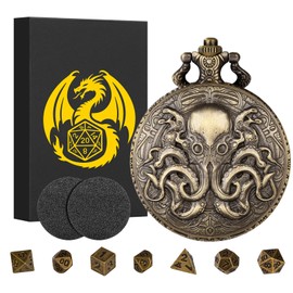Mini DND Dice Set, Steampunk Double Eyed Octopus Pocket Watch Case, 7 Pieces Polyhedral Metal D&D Dice Set, DND Gifts with Dragon Logo Gift Box, Role Playing Board Game Accessories, Bronze