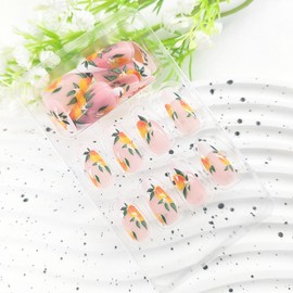 White French Tip Press on Nails Medium Fake Nails Almond with Flower Leaf Fruit Design False Nails Light Pink Full Cover Nails Press ons Glossy Stick on Nails for Women 24Pcs