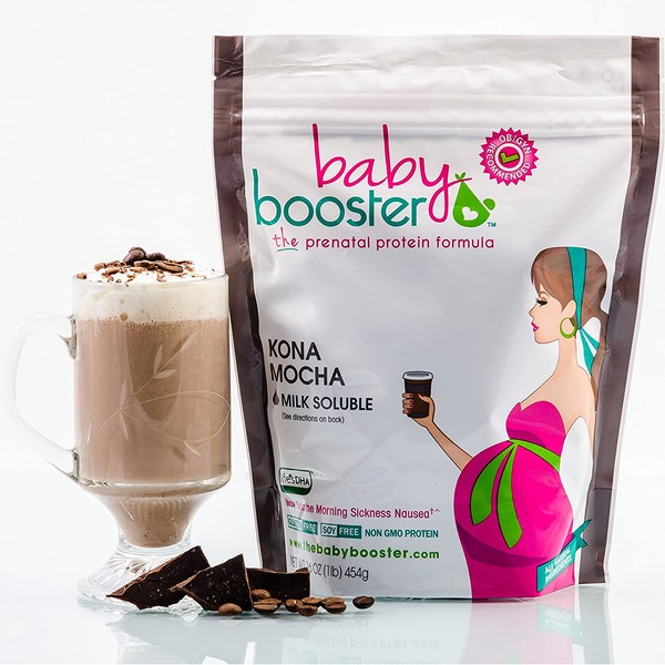 Baby Booster Prenatal Vitamin Supplement Shake, All Natural - Tastes Great - Vegetarian DHA - High Protein - Folate - B6 - Great for Morning Sickness, Kona Mocha, 1 lbs, 16 Oz