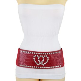 Unbranded Women Red Elastic Wide Friendship Statement Belt Hip High Waist Silver Heart S M