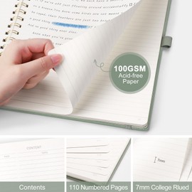 EMSHOI A4 Notebook Lined Journal, 100 GSM, PU Leather Hardcover, Sticky Notes, Pocket, Pen Loop, Ruler, Bookmark, 110 Pages Ruled Spiral Notepad for Women Men Writing, 21 x 28.5cm, Sage Green