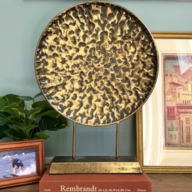 WHW Whole House Worlds Modernist Table Top Sculpture, Abstract Round, Textured Disc, Gold, Dark Patina, Post Mounted, Gallery Base, 23.5 Inches