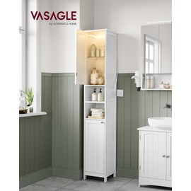 VASAGLE Tall Storage Cabinet with Lights, Slim Freestanding Cabinet with Adjustable Shelves, for Small Spaces, Bathroom, Living Room, Modern, 11.8 Inches Wide, Cloud White UBBC566W02