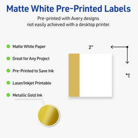 Avery Printable Square Labels, Gold-Dipped Edge, 2" x 2", Matte White Square Labels, Permanent, Laser/Inkjet, 120ct, Great for Product Merchandising