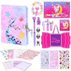 PrinBarBee Mermaid Diary for Girls with 2 Lock and 2 Keys, Plush Secret Notebook Set with 160 Lined Pages,Tie-Dye Fuzzy Journal Set, Cut Gift for Writing and Drawing for Girls Ages 6-14
