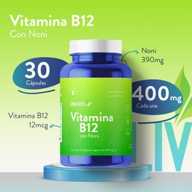 Vitamina B12 y Noni en polvo con 30 Cápsulas de 400mg | 1 mes de rendimiento | 100% Natural, Vegano y Sin gluten | Suplemento Alimenticio | Multivitaminico Hombre y Mujer | LIV NUTRITION