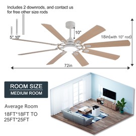 BOOMJOY 72 Inch Ceiling Fans with Lights and Remote, Indoor/Outdoor Ceiling Fan with Light, 8 Blades, Reversible Quiet DC Motor,Modern White Large Ceiling Fan for Living Room Patio Bedroom