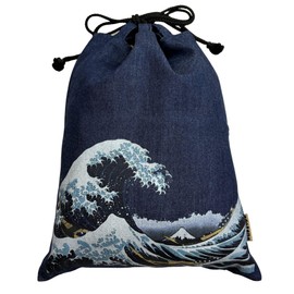 Edoten Drawstring pouch Cloth bag Cotton 100% 4.5 oz Yarn-dyed thin denim fabric Shrine stamp book bag Inner pocket Men's Ladies' Printed pattern : Wave color