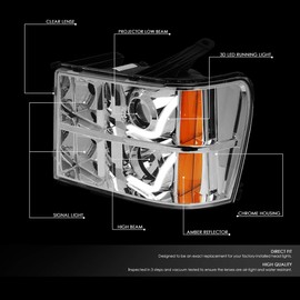 Auto Dynasty Dual L-Styling LED DRL Chrome Housing Amber Corner Projector Headlight Lamps Compatible with GMC Sierra GMT900 07-14