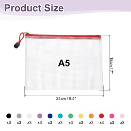 HARFINGTON 36pcs Mesh Zipper Pouch Bags A5 9.4" x 7" Plastic Waterproof Mesh File Bag Clear Document Zipper Pouches for Classroom Home Travel Office Supplies Organization, 12 Colors