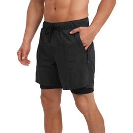ECUPPER Mens Swim Trunks with Compression Liner 2 in 1 Board Shorts with Zipper Pockets Quick Dry Swimwear Beach Bathing Swimsuit Black L