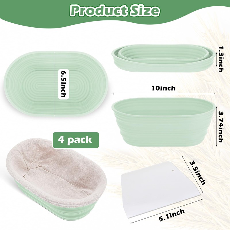 Nuogo 4 Pack Oval Bread Proofing Basket Silicone 10 Inch
