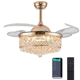 DuMaiWay 42 Inch Reverse Dimmable Fandelier Retractable Crystal Ceiling Fans with Light and Remote Invisible LED Ceiling Fan Light Kit -Gold
