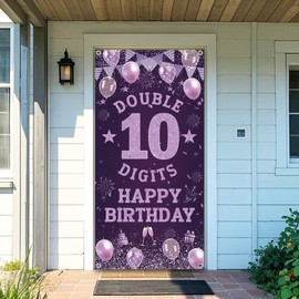 10th Birthday Decorations Door Banners - Purple Double Digits Backdrop Banner, Happy Birthday Large Size Porch Sign Background for Girls 10 Years Old Party Supplies(185x90cm)