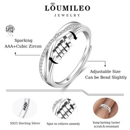 LOUMILEO Sterling Silver Anxiety Rings for Women Fidget Rings for Anxiety Women Daughter Fidget Ring Adjustable Spinner Rings for Girls Cubic Zirconia Stress Relief Spinner Rings with Box