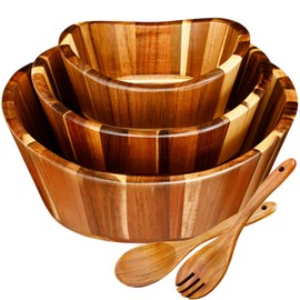 Yunlly Wooden Salad Bowl Set of 5 - Large Fruit Mixing Bowls with Salad Servers Utensils for Serving Dining Accessory - Handmade - Acacia Wood - Large 12", Medium 10", Small 8" (Wavy Design)