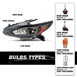 SOCKIR [Halogen Model Headlight Assembly Compatible with 2016-2018 Nissan Altima w/o LED DRL Black Housing with Amber Reflector Headlamp Driver and Passenger Side