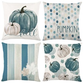 Heirloom Haven 4pcs Fall Thanksgiving Pillow Cover 18x18in Blue Pumpkin Polka Dot Stripes Throw Pillow Cases Decoration Autumn Harvest Cushion Pillow Covers for Farmhouse Couch Sofa Outdoor Home Decor