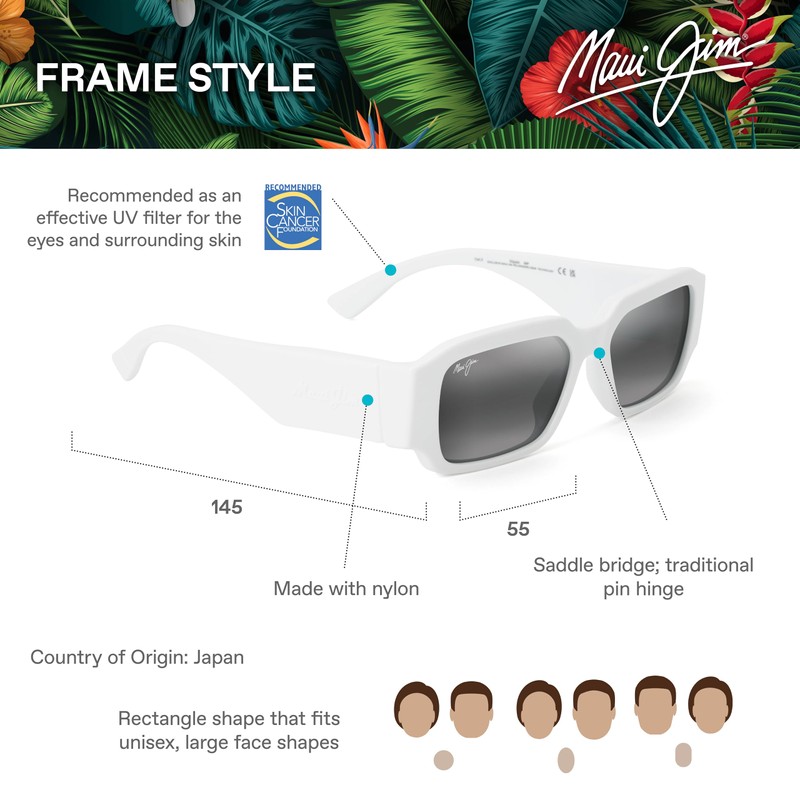 Maui Jim Kupale Rectangle Sunglasses, Shiny White/Neutral Grey Polarized, Large