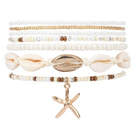 7pcs Summer Beach Bracelets for Women, Heishi Surfer Bracelets Stretch Starfish Shells Boho Beaded Set Friendship Bracelets Stackable Jewelry Accessories Gifts for Beach Party, Vacations