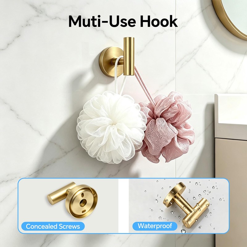 5Pcs Brushed Gold Bathroom Hardware Set, 24in Towel Bar Holder