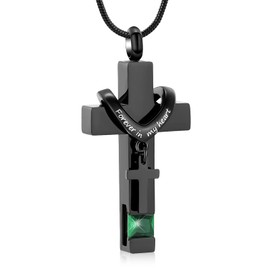 XSMZB Cremation Cross Urns Necklace Stainless Steel Double Cross Memorial Cremation Urn Pendant for Adult Ashes with Birthstone(Green)