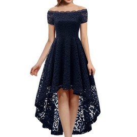 Dressystar Women's Lace Cocktail Dress Hi-Lo Off Shoulder Bridesmaid Swing Formal Party Dress 0042 Navy XS