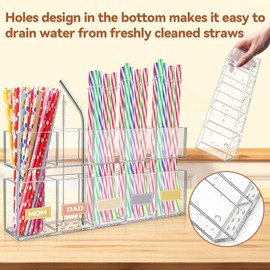 Straw Holder, Acrylic Straw Dispenser with Double Sided Adhesive Tape and Stickers,Perforated Bottom,Height-Adjustable straw holder,Organizer for Cupboard Reusable for Kitchen Counter (Transparent)