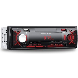 CAMECHO Single-Din Car Stereo Bluetooth 5.0, 1 Din Car Radio, FM Radio, MP3 Player, Red illumination, Dual USB Port, Hands-Free Calling, TF Card/AUX Input