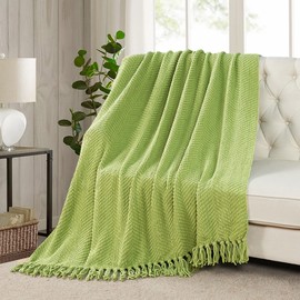 BYTIDE Throw Blanket for Couch Soft Knitted Textured Couch Cover Tweed Blanket with Fringe Tassel for Home Décor Bed Sofa Chair, 60" x 80", Lime Green