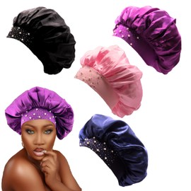 2 ORCHIDS Silk Satin Bonnets for Women & Men - Elastic Wide Band Hair Wrap Cap for Curly Hair - Shower Cap for Sleeping (Purple)
