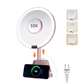 ULG Lighted Makeup Mirror with 2AC + 3USB Charging Station and 10X Magnification 3 Light Colors Smooth Dimming 1500lux Bright Soft Light Automatic ON/Off Sensor Adjustable Height and Angle, Rose Gold