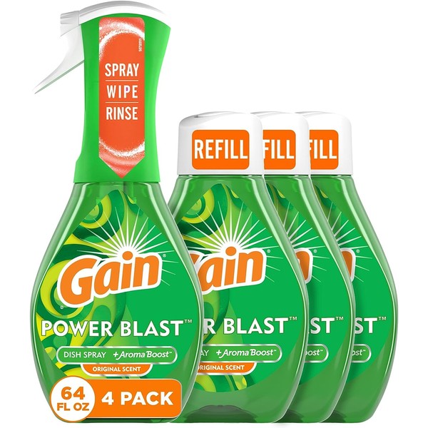 Gain Powerblast Dish Spray, Dish Soap, Original Scent Bundle, 1 Spray (16oz) + 3 Refills (16oz each)