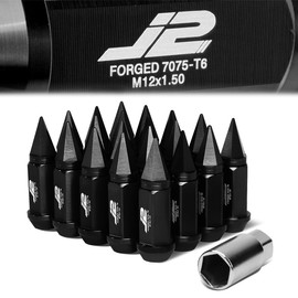 7075-T6 Aluminum M12 x 1.5 75mm 20Pcs Spiky Cap Lug Nut + Adapter, Black