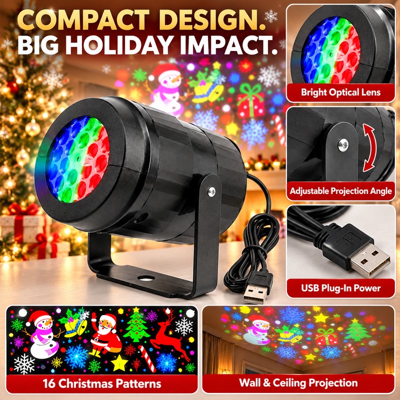 Christmas Projector Light for Walls & Ceilings, 16-Pattern USB Rotating