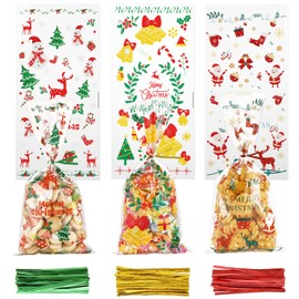 120Pcs Christmas Cellophane Treat Bags, AUERVO Clear Cello Sweet Bags, Santa Claus Bells Elk Pattern Party Bags With Red Green Gold Twist Ties for XMAS Party Supplies Decorations